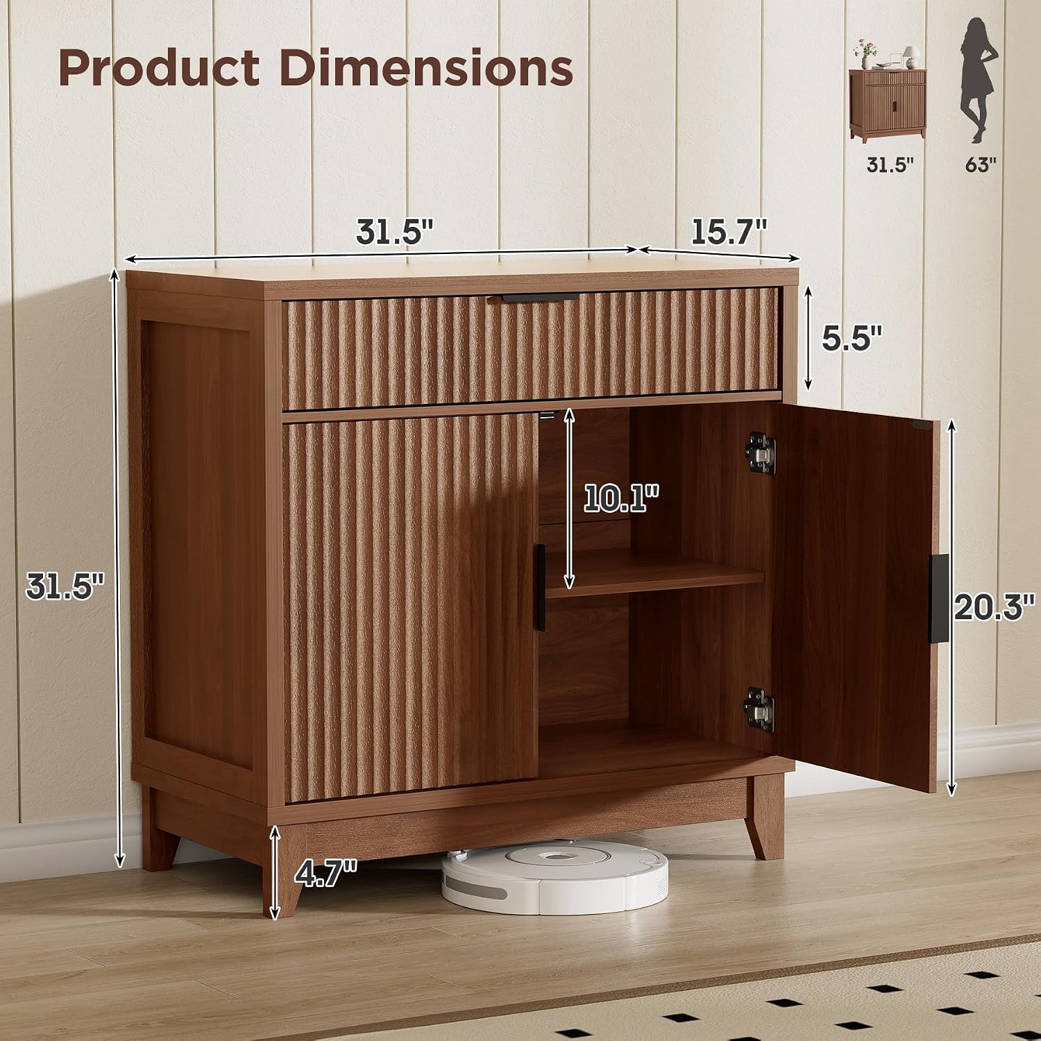 Vabches 32" Fluted Sideboard Buffet Cabinet with Storage, Walnut | Modern Coffee Bar Console Table with Drawer, Fluted Doors & Adjustable Shelf, for Entryway, Living Room, Kitchen, Dining Room