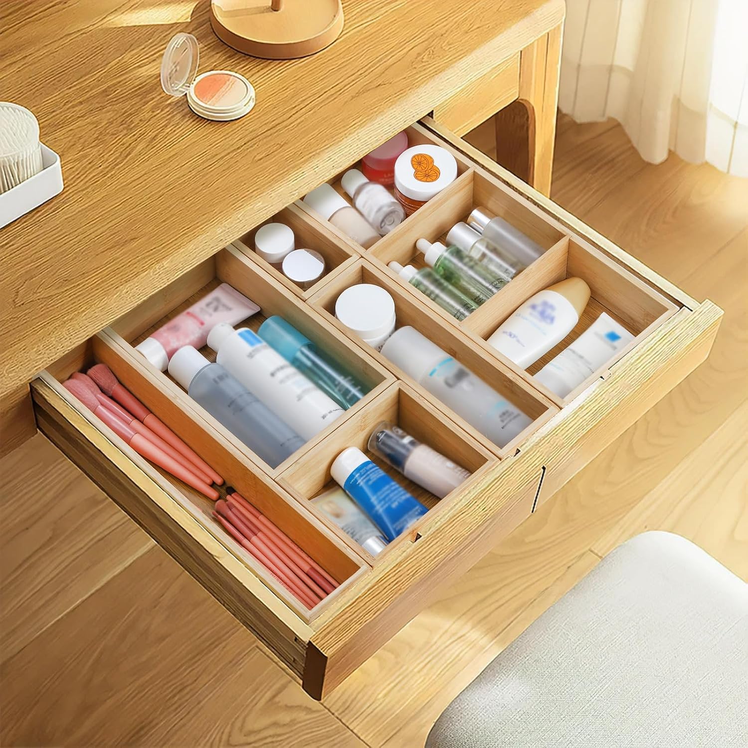 Youeon Set of 6 Bamboo Drawer Organizer Storage Box, Adjustable Cutlery Drawer Organizer, Silverware Organizer Multi-Use for Office, Home, Kitchen, Bedroom, Bathroom