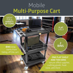 Pearington 3-Shelf Multipurpose Mobile Utility Cart with 2 Bins and Lockable Wheels, Heavy-Duty Plastic Rolling Presentation Cart for Offices and Warehouses, Black