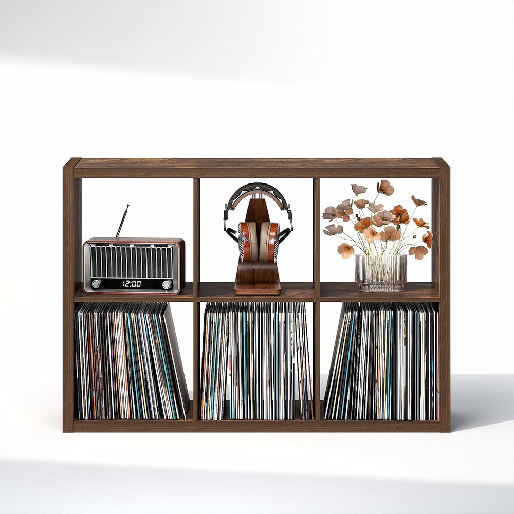 Furinno Cubicle Record Player Stand, 6-Cube Record Storage, Amber Pine