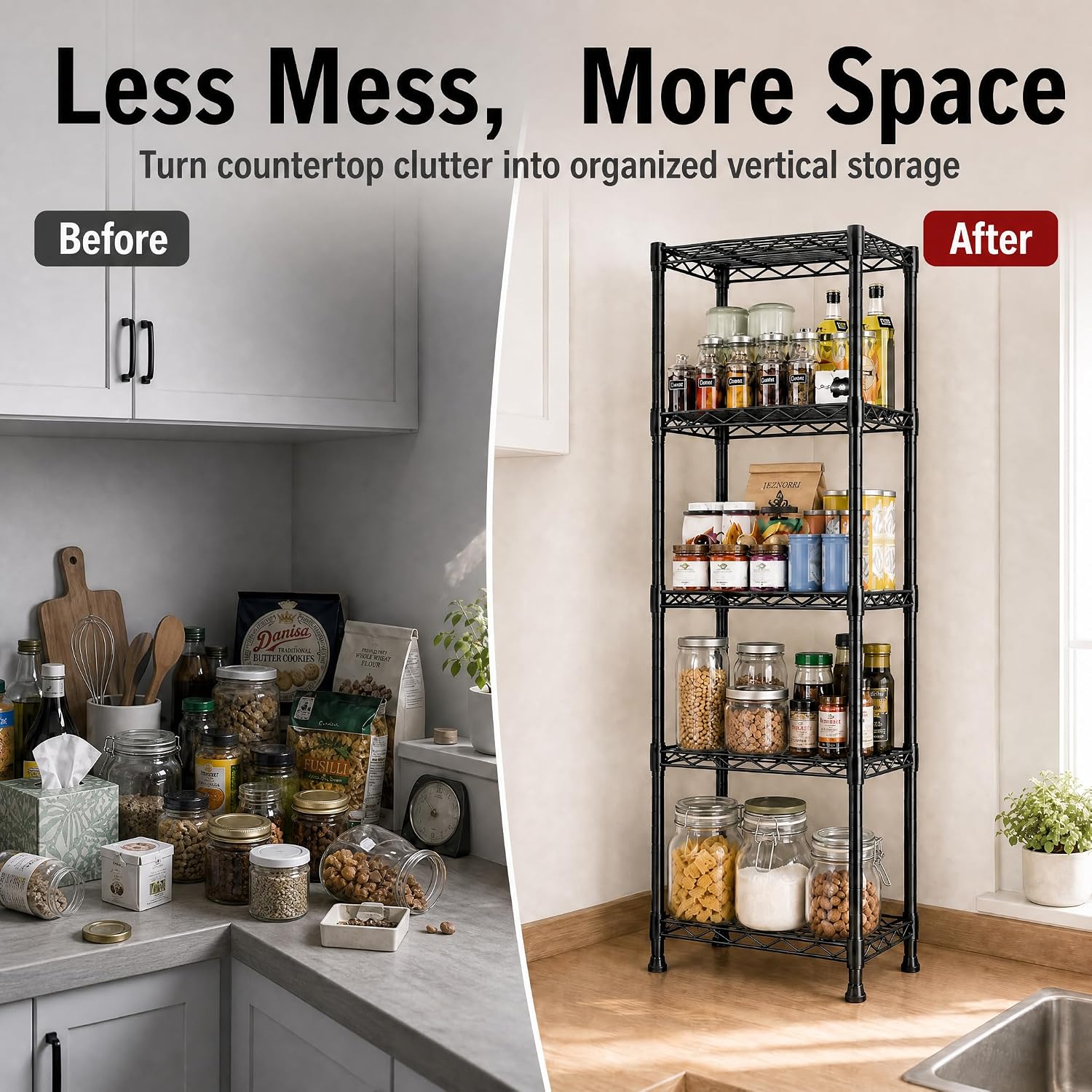 GRANNY SAYS 5-Tier Narrow Storage Shelves for Small Spaces – 15.8" W Metal Shelving Unit, Adjustable Wire Shelf, Freestanding Storage Rack for Bathroom, Laundry, Kitchen Pantry, Garage, Black