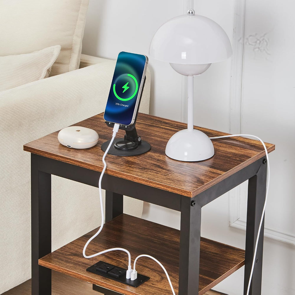 VECELO End Table with Charging Station and USB Ports, Small Wood Nightstand M...