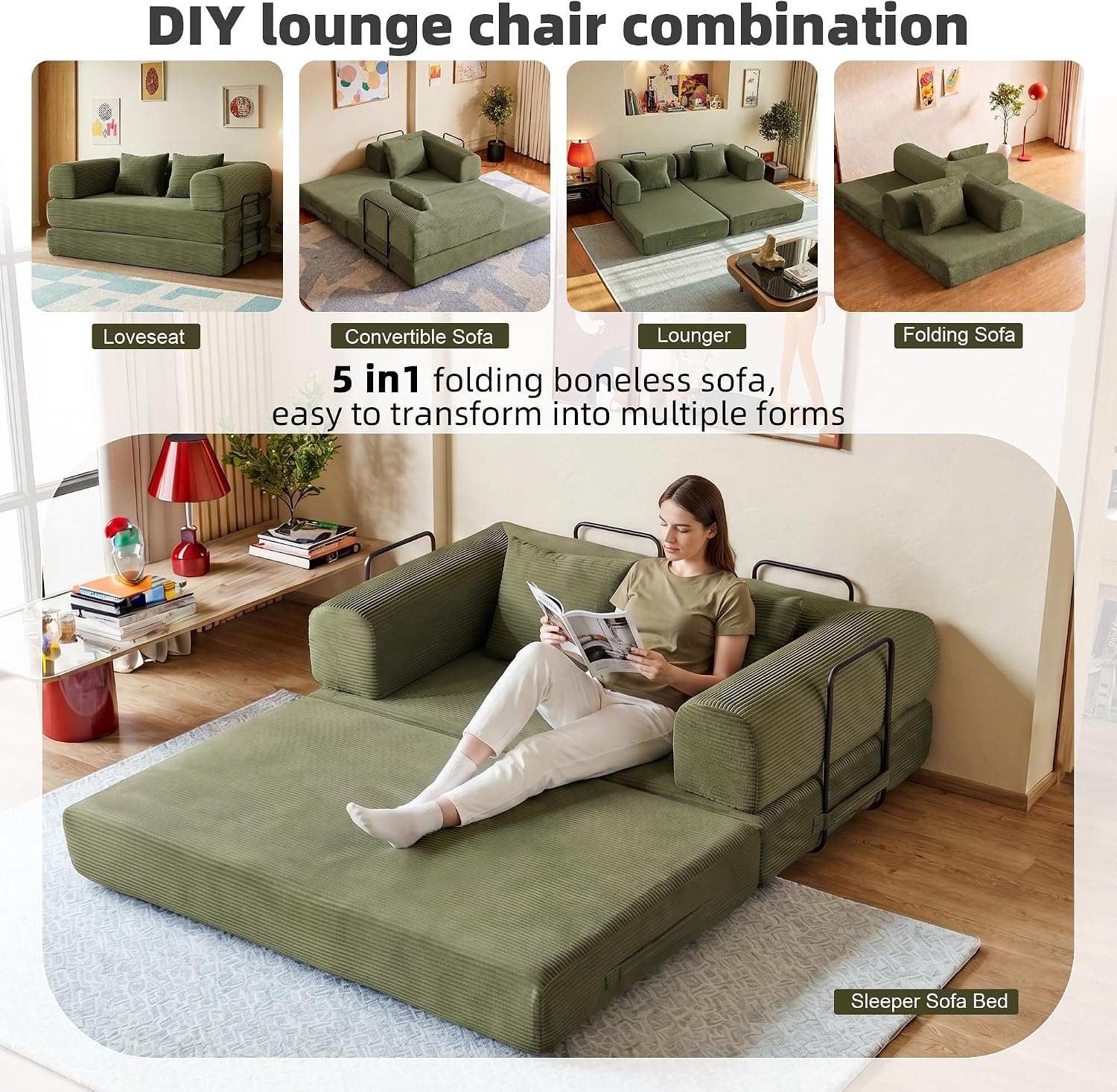 59in Boneless Couch Convertible Futon Sofa Bed Queen for Small Space | Corduroy Boneless Sleeper Sofa, Pull Out Modular Couch, Apartment Friendly for Study Room & Living Room, No Assembly | Green