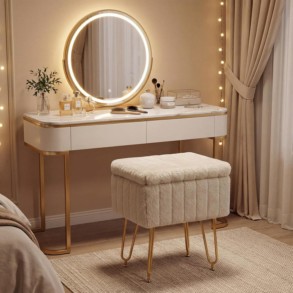 OLIXIS Vanity Stool Chair Faux Fur with Storage, Soft Ottoman 4 Metal Legs wi...