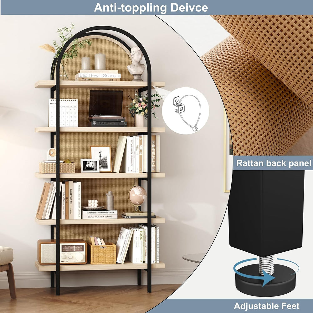 Yusong Bookshelf Rattan 5 Tier Arched Bookcase, 74" Tall Industrial Open...