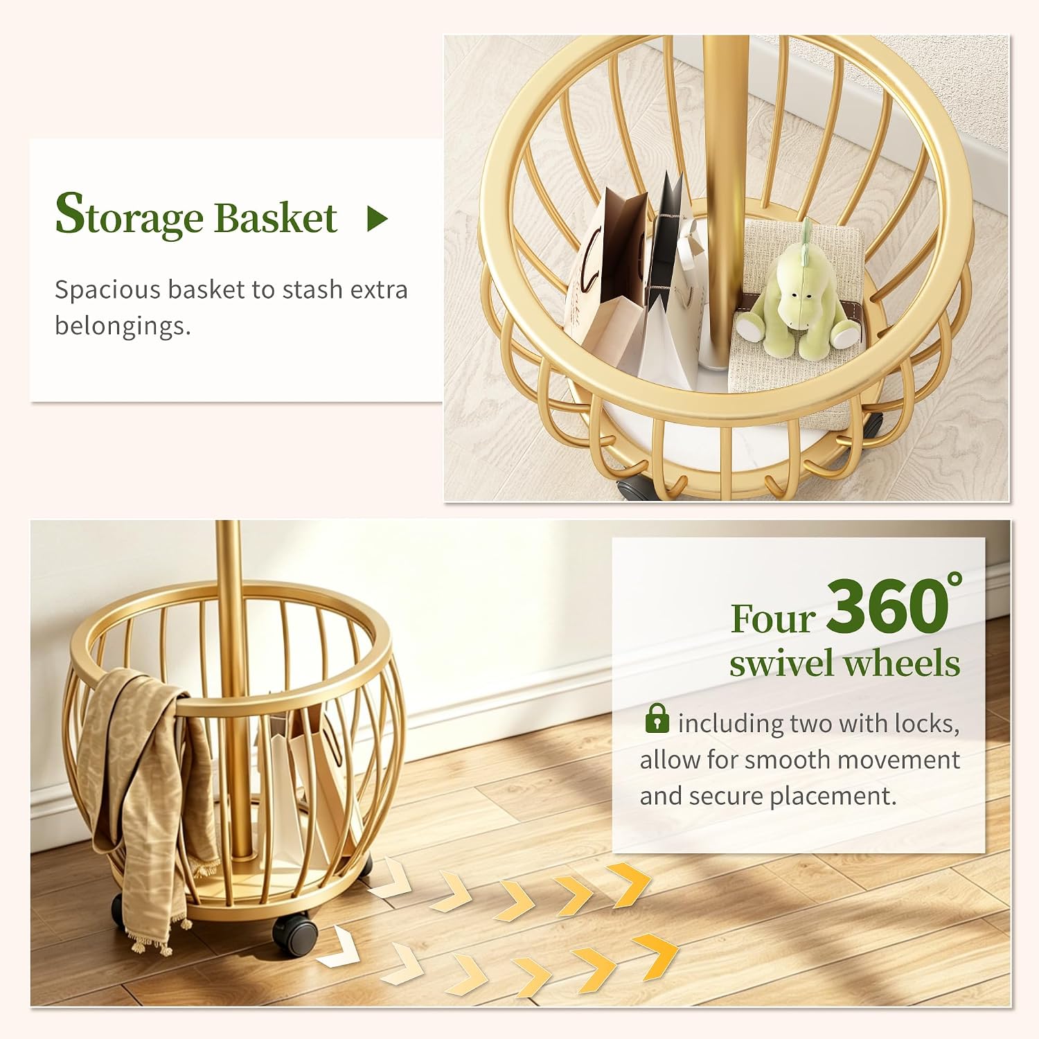 Coat Rack Freestanding Coat Stand with Basket 6 Hooks Wheels,Gold | Metal Coat Rack Stand Coat Tree for Home Entryway Bedroom Living Room Office Corner Modern Organizer for Scarf Jacket Hat Bag
