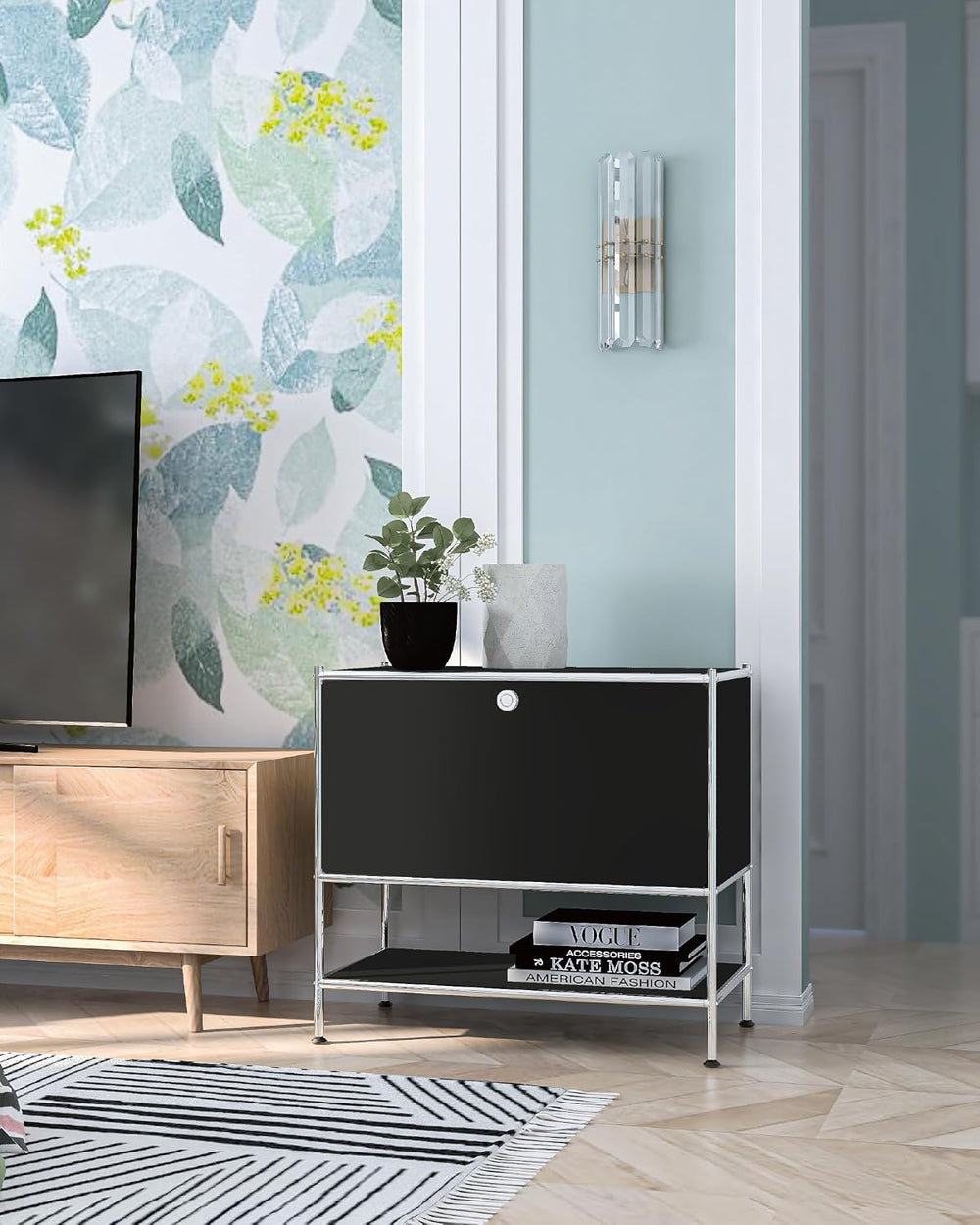 Metal Nightstand, Mid-Century Modern Bookshelf, Flap Door 27.5 | Sleek Modern...