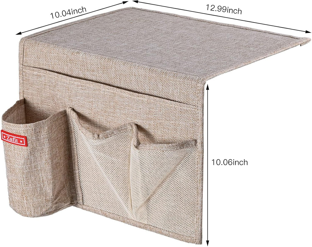 Linen 4 Pockets Bedside Caddy, Bedside Storage Organizer for Magazine, Remotes, Phone (Beige)