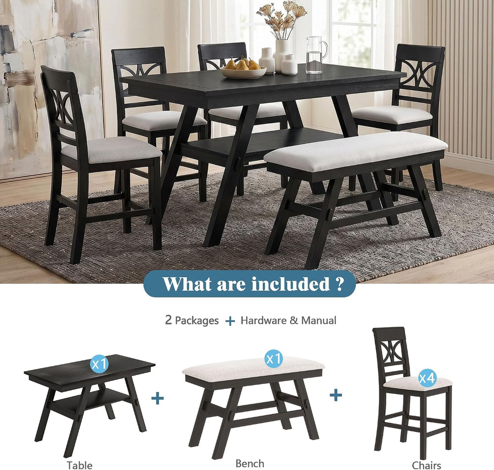 Merax 6-Piece Wood Counter Height Dining Table Set with Storage Shelf, Rustic...