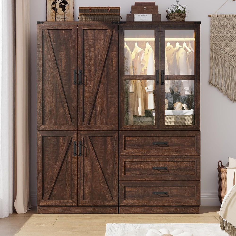 75" Tall Farmhouse 4 Doors Armoire Wardrobe Closet with 3 Drawers and LE...