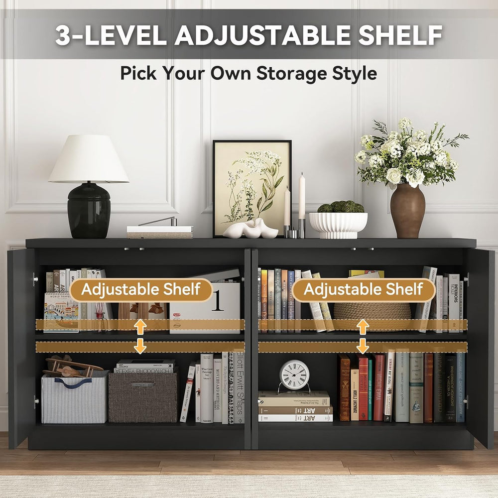 63" Fluted Buffet Cabinet Sideboard with Storage,Large Credenza with 4 D...