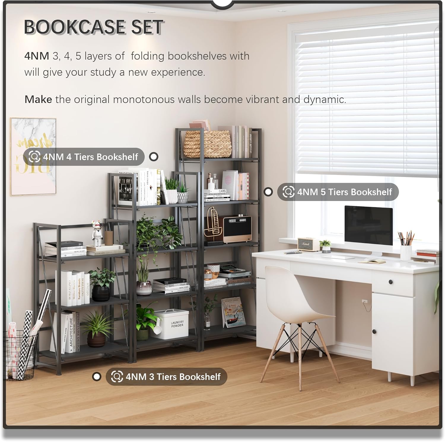4NM No Assembly Folding Bookshelf Storage Shelves 4 Tiers Vintage Bookcase Standing Racks Study Organizer Home Office (All Black)