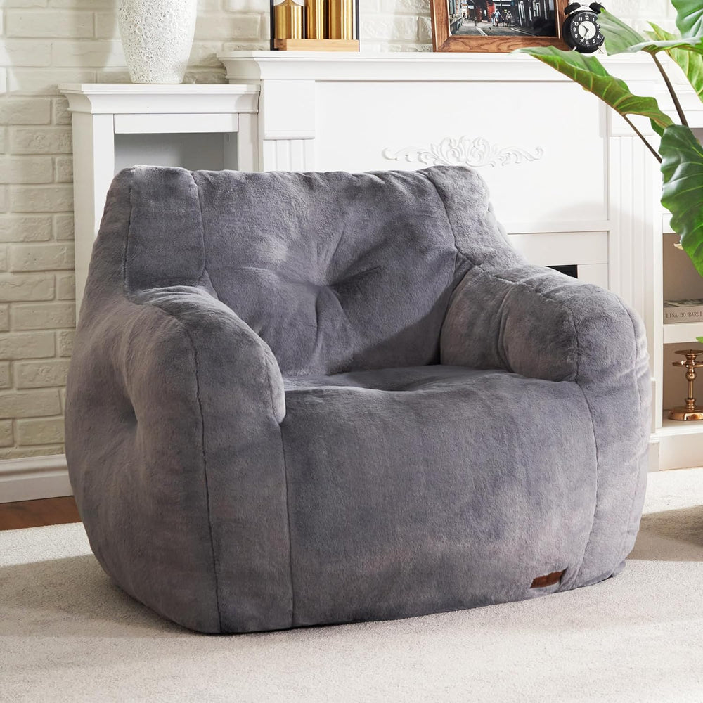 Hobestluk Furry Bean Bag Chair with Arms, Foam Filler for Adult, Grey | Soft ...