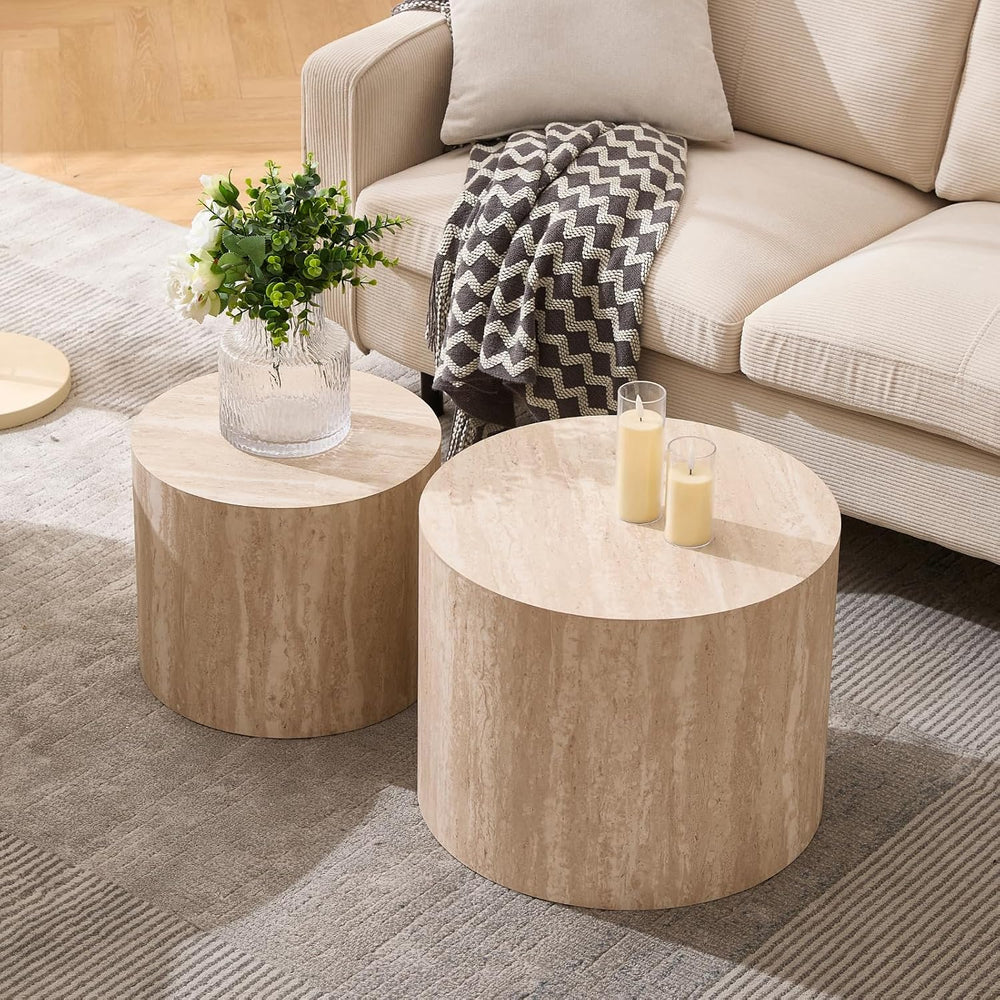 Ya-Home Modern Round Coffee Tables Nesting Table, Wood Set of 2 End Table Sid...