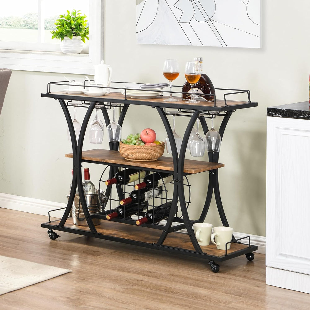 TQVAI Wooden Bar Cart with Wine Rack and Glass Holder, 3-Tier Rolling Bar Ser...