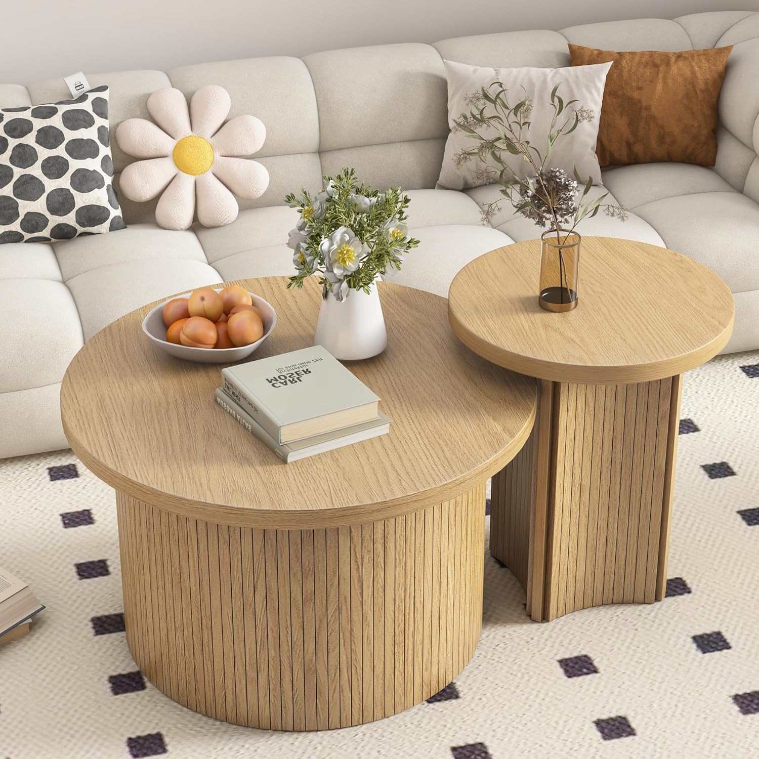 Mxtxmy Set of 2 Nesting Coffee Tables Farmhouse,Round Coffee Table Living Room,Wood Finish Coffee Table Set, Small Coffee Tables, Sofa Side Living Room Bedroom Coffee Side Table (Large Size - Set)