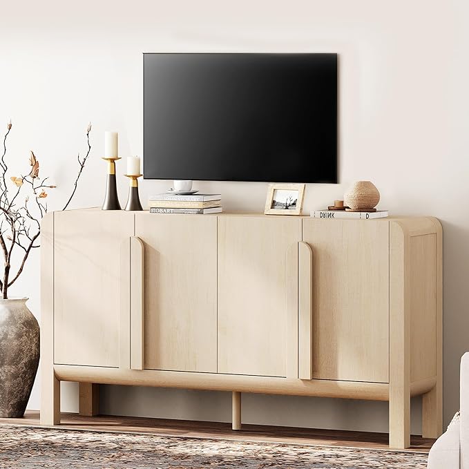 WAMPAT Modern TV Stand for TVs Up to 75 inches, 63" W Farmhouse Entertainment Center with Adjustable Shelf and 4 Doors, Media Console Table TV Cabinet for Living Room, Light Oak