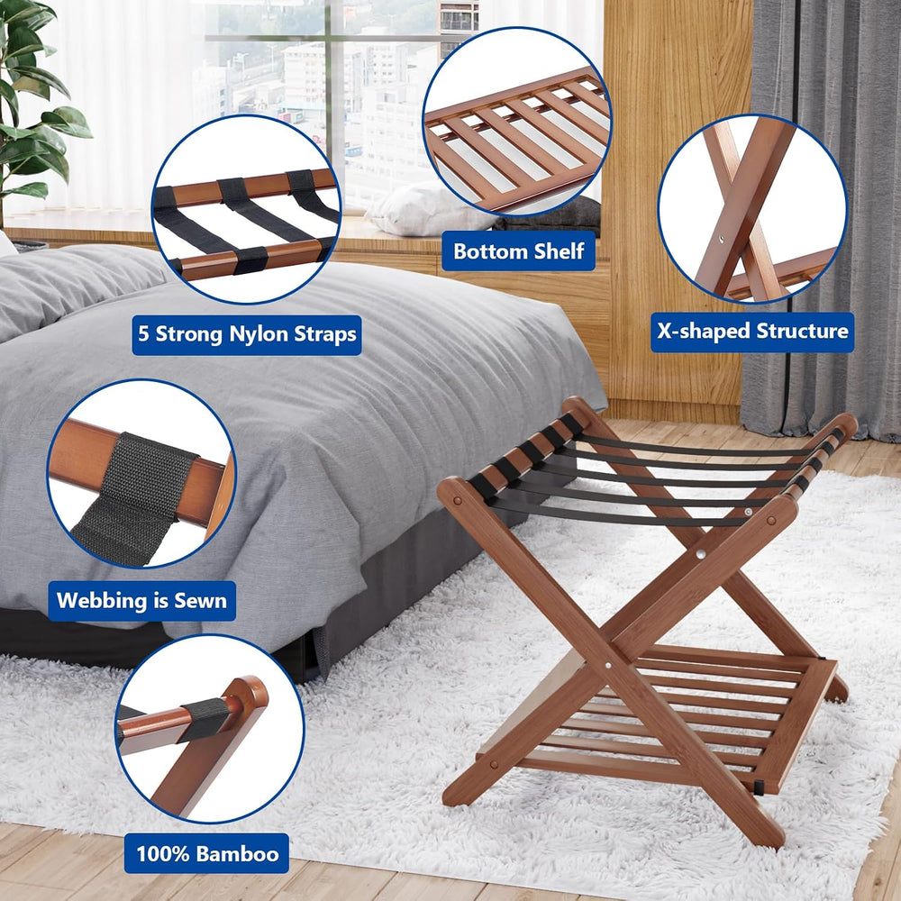 Smuxee Fully Assembled Walnut Luggage Rack, Upgraded Bamboo Foldable Suitcase...