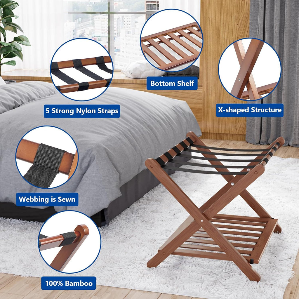 Smuxee Fully Assembled Walnut Luggage Rack, Upgraded Bamboo Foldable Suitcase Stand with 5 Nylon Straps, Luggage Holder with Shelf for Guest Room Bedroom Hotel