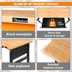 Betterhood 60" Adjustable Workbench for Garage, Rubber Wood Shop Table W/Wheels & Double Pegboards & Drawer, 2000 LBS Load Capacity Hardwood Worktable for Workshop, Garage, Office, Home, Commercial