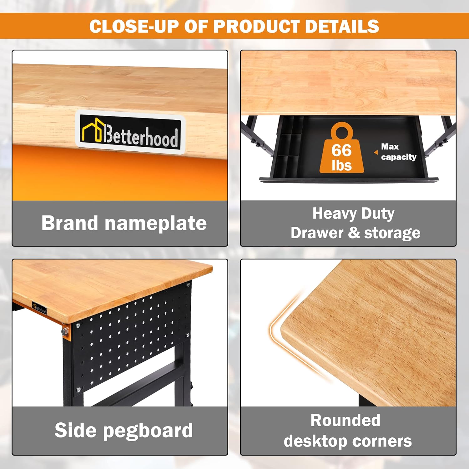 Betterhood 60" Adjustable Workbench for Garage, Rubber Wood Shop Table W/Wheels & Double Pegboards & Drawer, 2000 LBS Load Capacity Hardwood Worktable for Workshop, Garage, Office, Home, Commercial