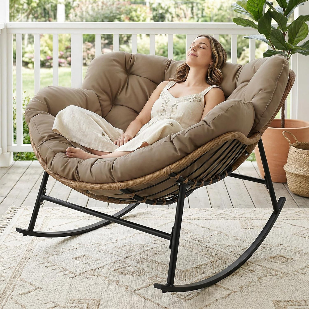 BULEXYARD Outdoor Papasan Rocking Chair with Cushion and Frame, Oversized Lar...