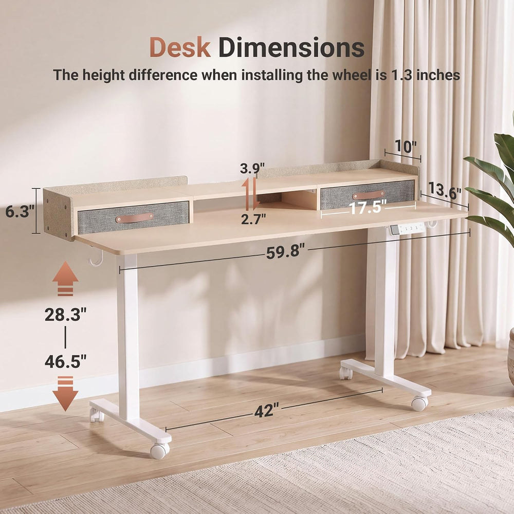 Claiks Standing Desk with Drawers & Wheels, 2 Height Shelf 59" Ntural