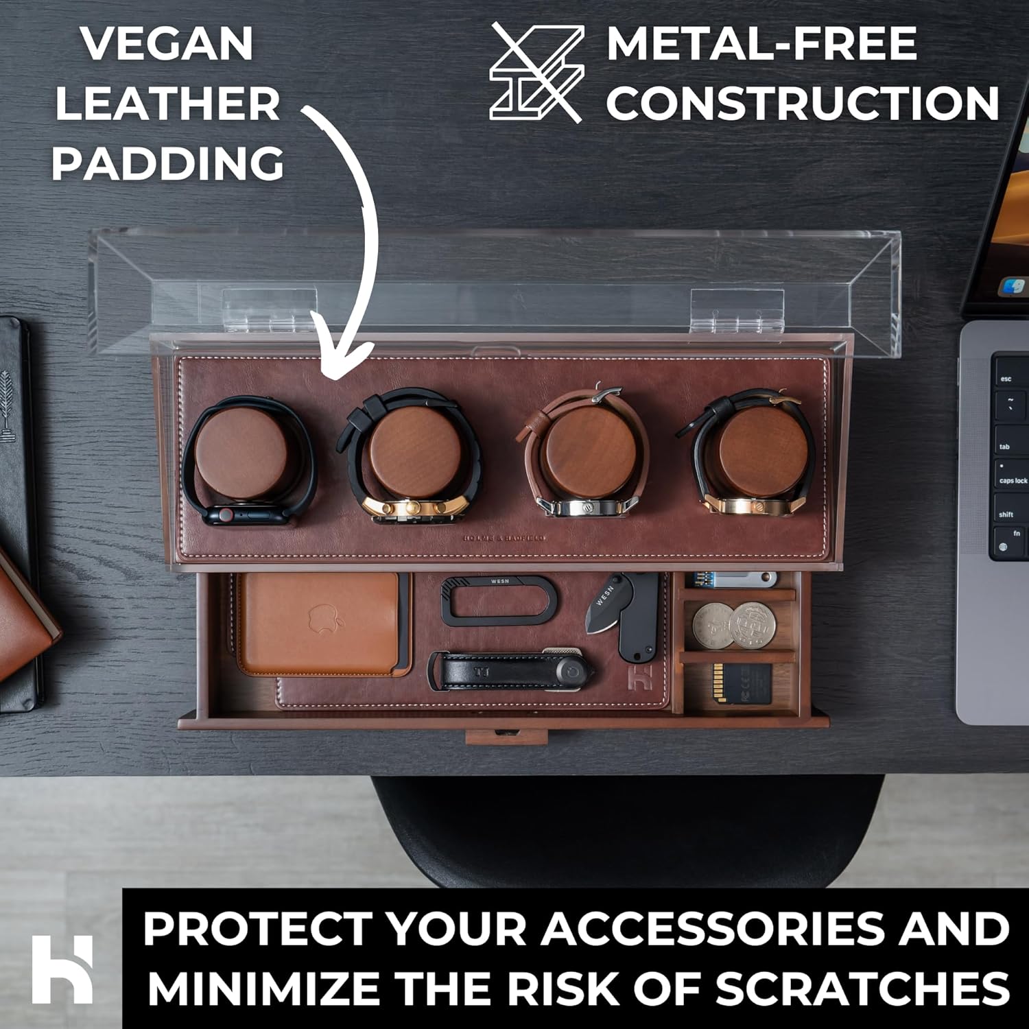 Holme & Hadfield Premium 4 Slot Watch Box for Men - Wooden Watch Display Case with Hinged Cover, Leather Lining & Drawer - Watch Holder Organizer Stand - Handcrafted Luxury Christmas Gift for Men
