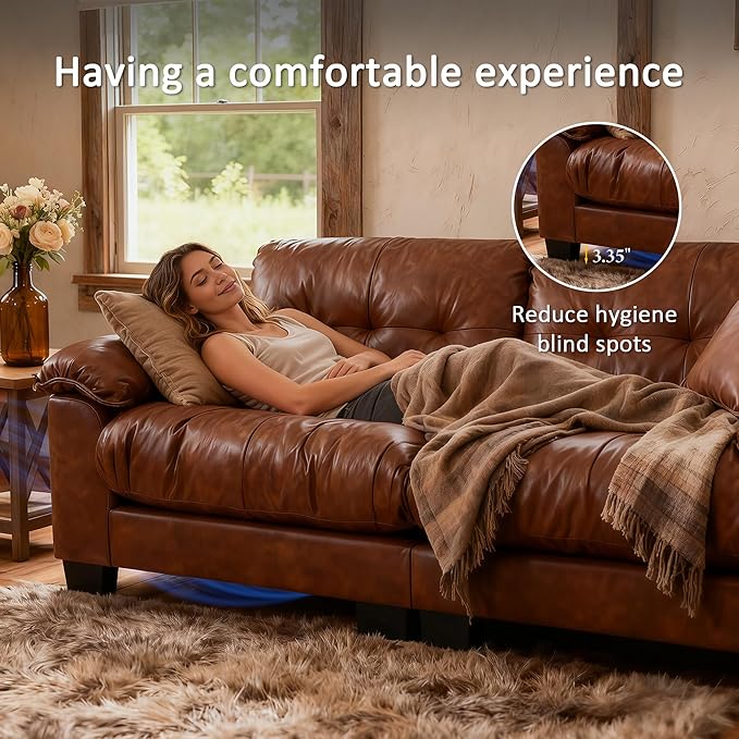 Faux Leather Sofa, Mid Century Modern Deep Loveseats, Comfy Cloud Couch, Tufted Pillow Top Arm Furniture for Living Room, Apartment, Cognac Brown