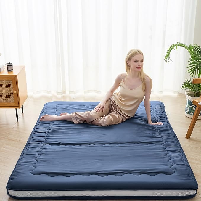 Japanese Floor Mattress, 4" Japanese Futon Mattress, Foldable & Portable Shiki Futon (shikibuton), Roll Up Thicken Sleeping Tatami Mat Sleeping Pad for Camping (Navy Blue, 54 x 80)