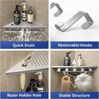 Grout in Shower Shelves with Hooks, 304 Stainless Steel Corner Bathroom Shelf for Tiled Wall (Brushed, 10'' x 10'')