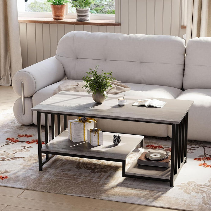 Coffee Table, 2-Tier Modern Coffee Table with Storage, 39.4" Rustic Wooden Rectangle Center Table, Easy to Assemble, for Living Room, Wash Gray