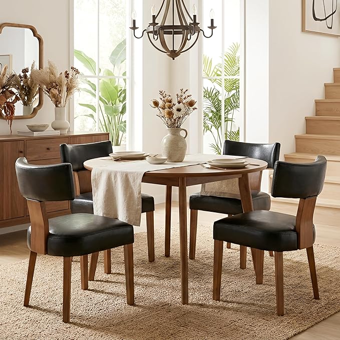 HNY Mid Century Modern Dining Chairs Set of 4, Farmhouse PU Leather Upholstered Accent Chair Curved Backrest Kitchen Chairs, with Hardwood Frame, Black