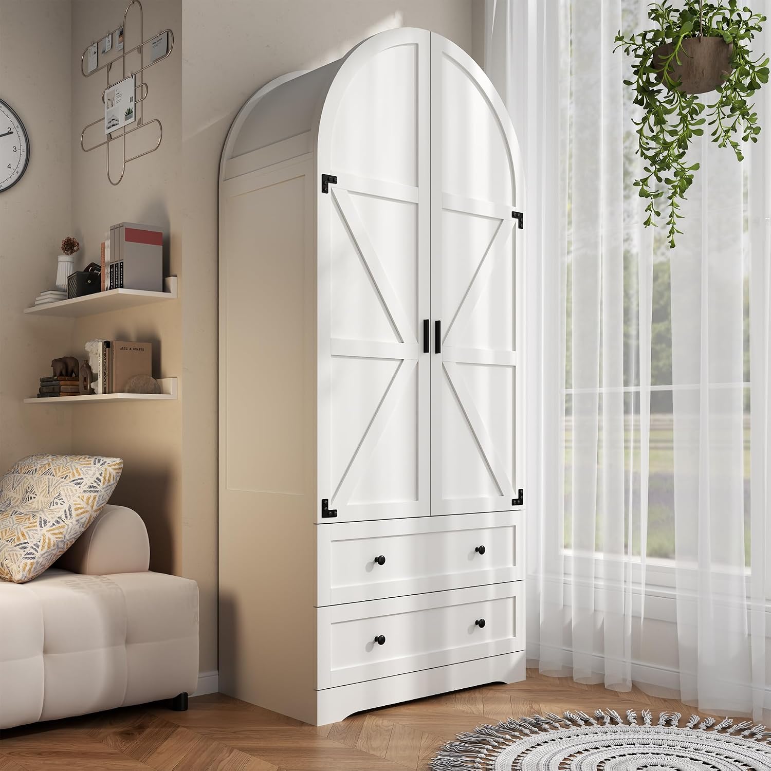 Gyfimoie White Armoire Wardrobe Closet with 2 Drawers, 74.8" Wooden Wardrobe with 2 Doors, Freestanding Closet Armoire Cabinet with Hanging Rack, Clothing Storage Cabinet for Bedroom (White)