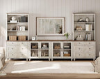 WAMPAT Entertainment Center with Bookshelves with Glass Doors & Drawer, Farmhouse Wall Unit TV Stand for TVs up to 75", Media Console Table for Living Room, Bedroom & Home Theater, Rustic White