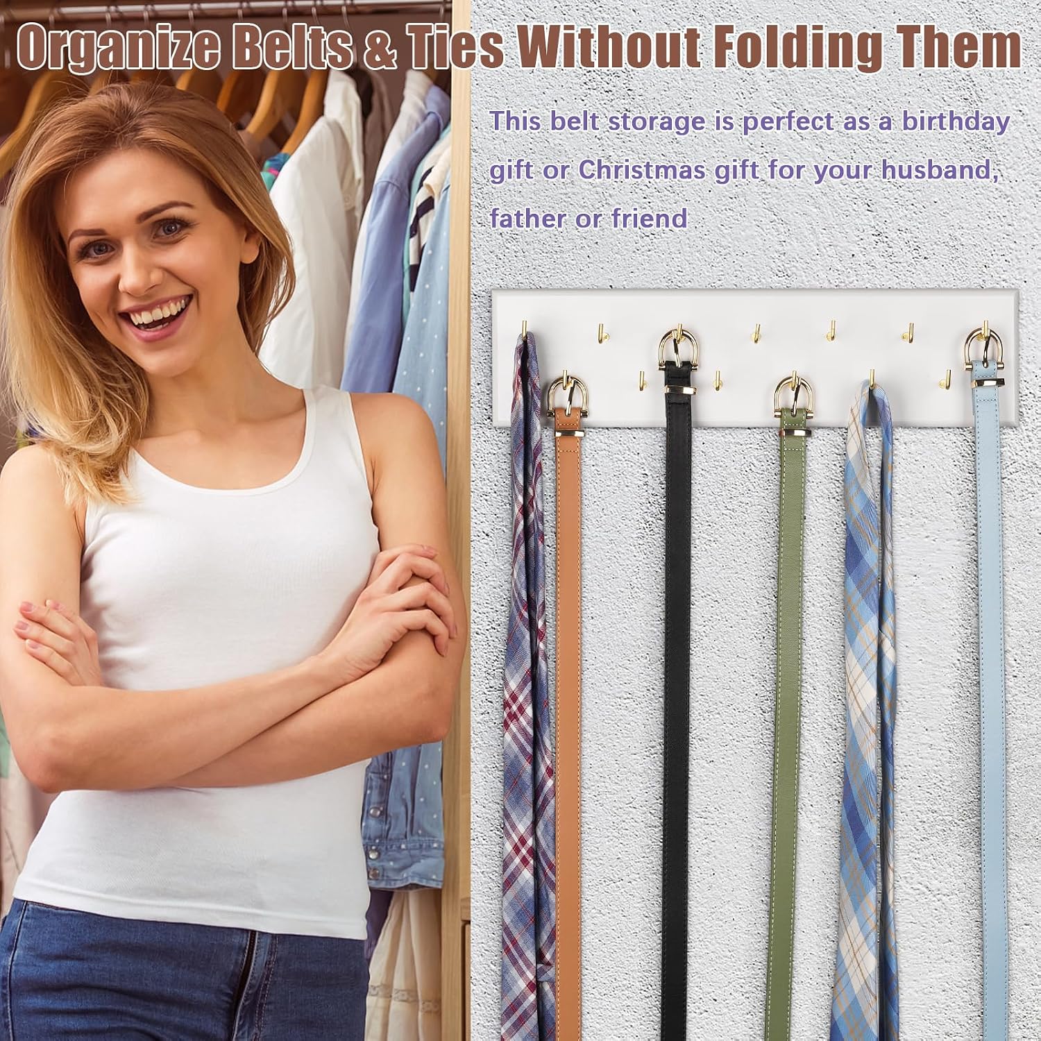 Belt Hanger Wall Mount Belt Organizer for Closet, Holds Over 28 Belts Wooden Wall Mounted Belt Rack Storage Tie and Scarf Hanger for Closet, Wall, Door (White)