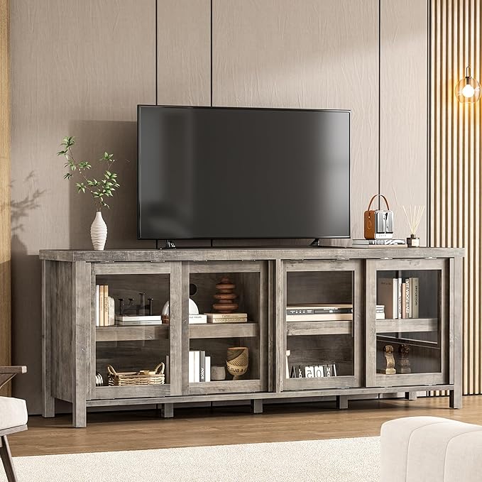 GAOMON TV Stand for 65" with Entertainment Center, Storage Cabinet, 4 Sliding Glass Doors, Mid Century Modern Media TV Console Table for Living Room Bedroom, Grey