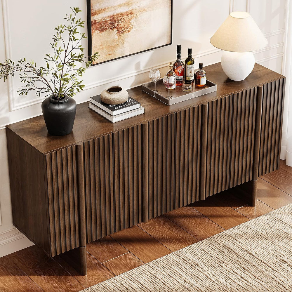 ONBRILL 63" Fluted Sideboard Cabinet with Storage Adjustable Shelves Walnut