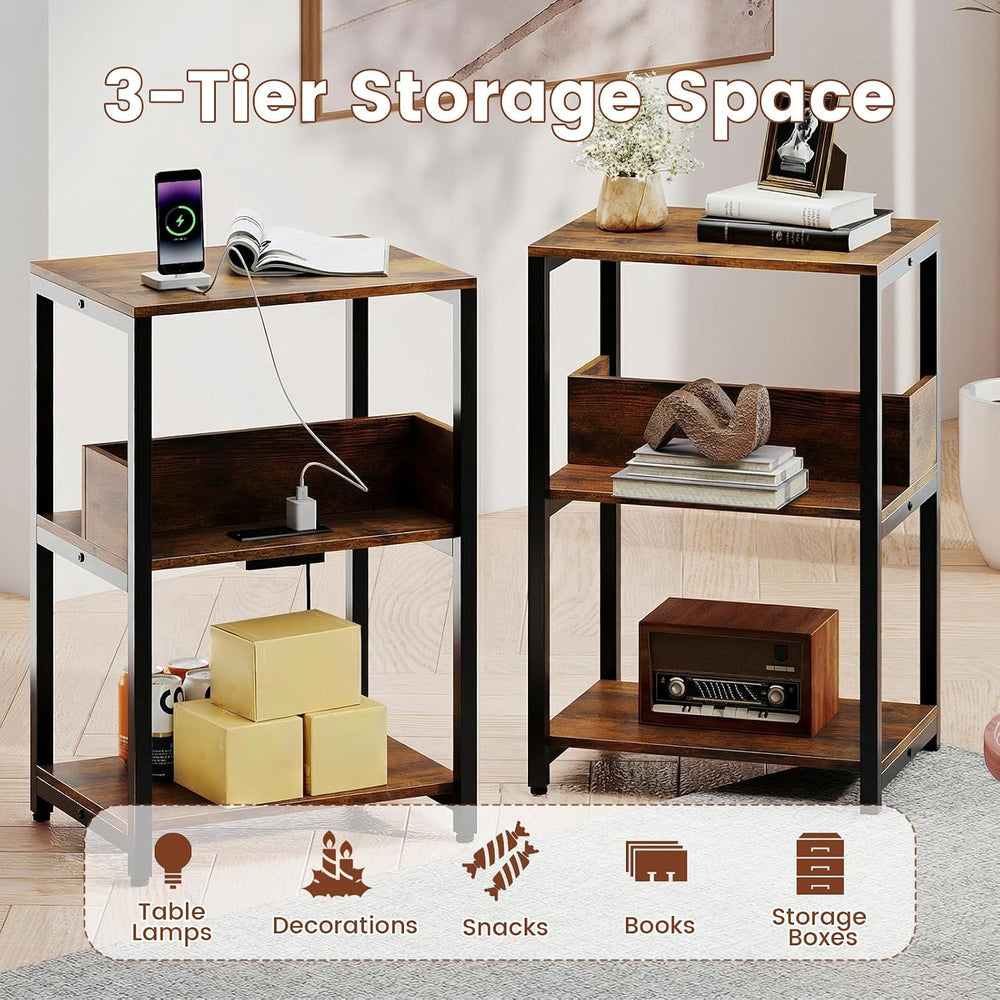 Giantex Side Table with Charging Station - Industrial 3-Tier Bedside Table w/...