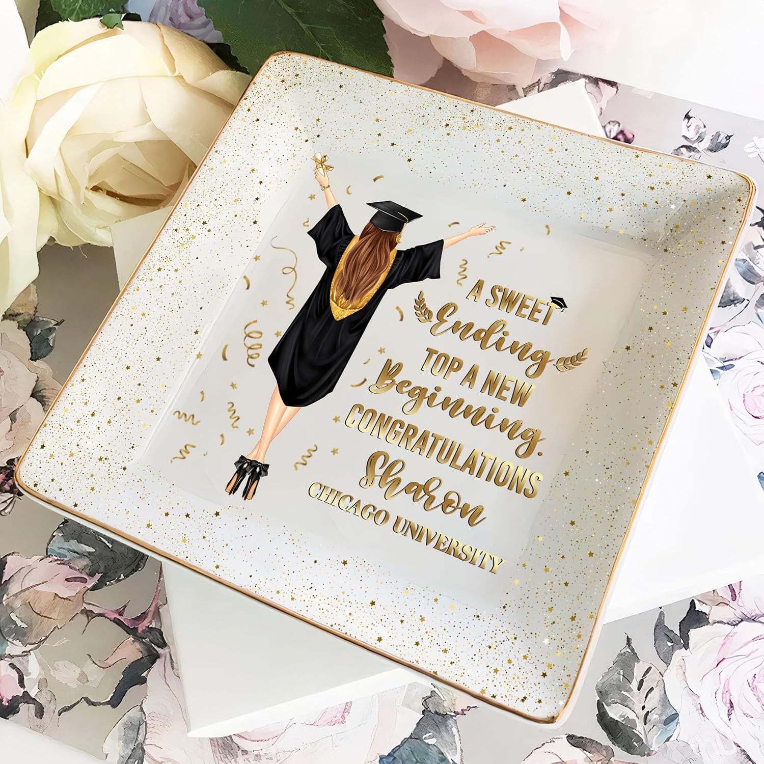 Personalized Jewelry Dish, A Sweet Ending to a New Beginning, Graduation Gift for Her 2026, Custom Keepsake for Best Friend, Daughter, or Graduate