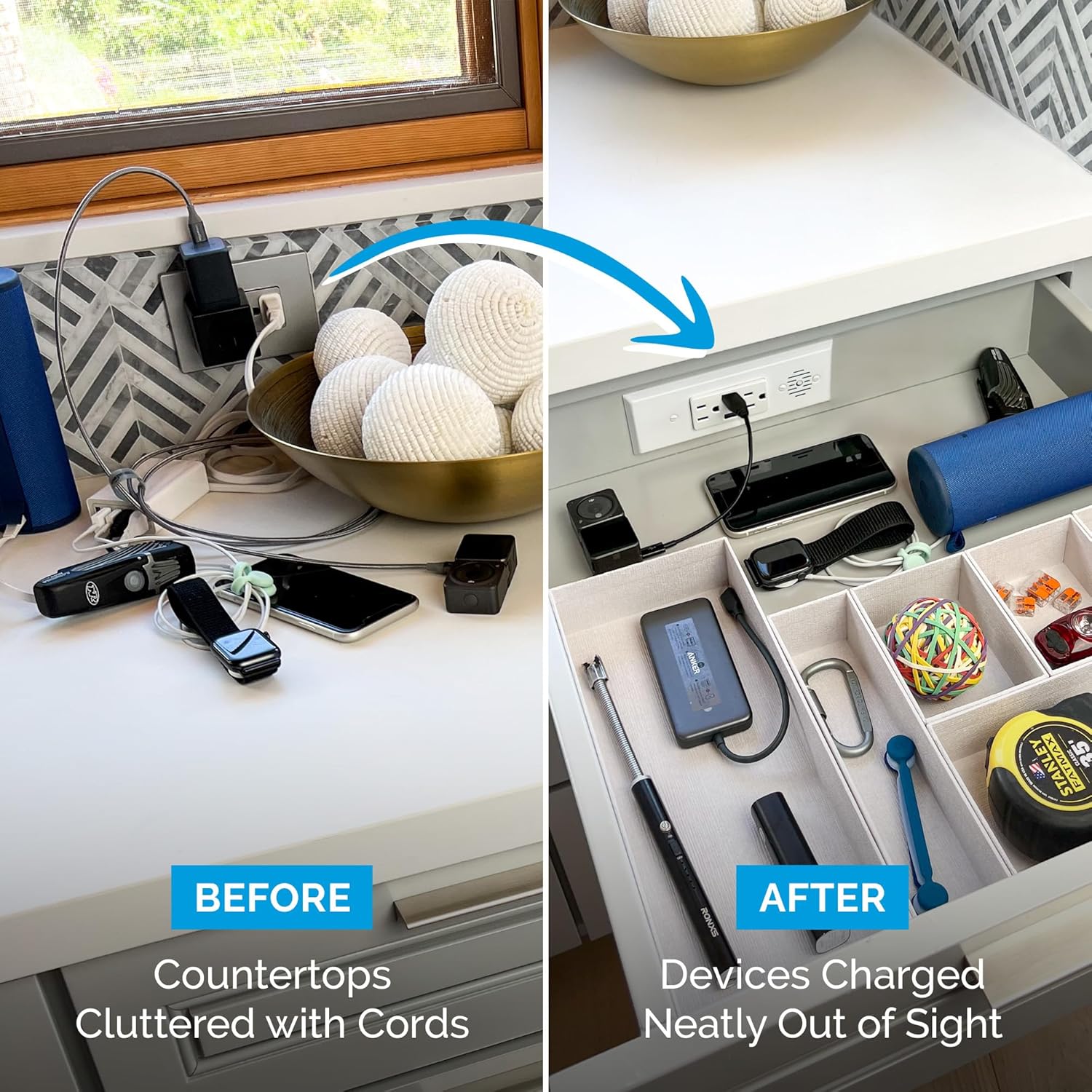 Docking Drawer Blade in-Drawer Outlet, Integrated Safety Shutoff, (2) USB-A & (2) 15 amp AC, Stainless Steel