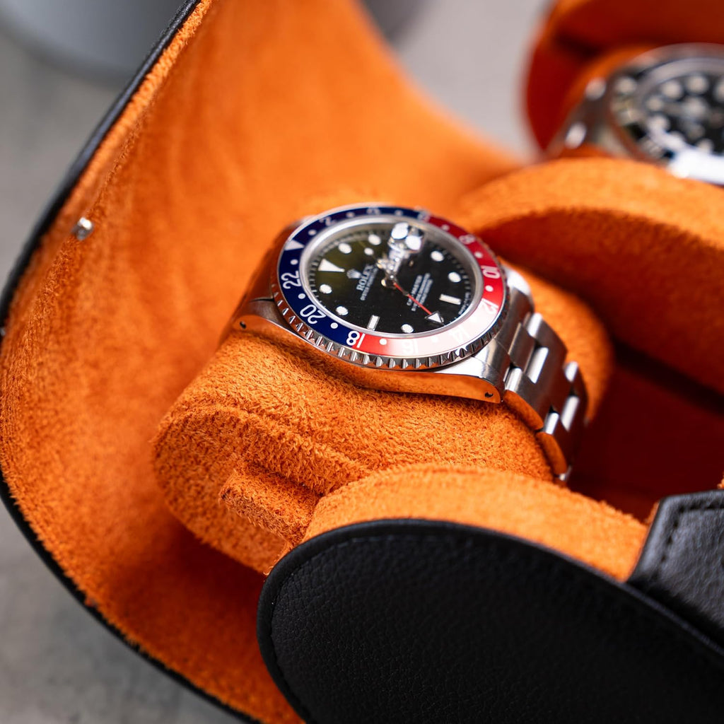DailyWatch | Personalized Watch Roll Travel Case For 2 Watches - Handmade Genuine Leather Travel Case With Custom Engraving of Name or Initials - Black Orange