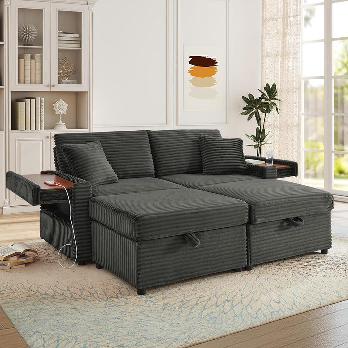 Loveseat Chair and Ottoman Set, Modern Comfy Corduroy Cloud Fluffy Chaise Lounge Sofa Chair with Storage Ottoman & Wooden Side Table & USB Charging Ports for Living Room Bedroom Reading Room, Grey