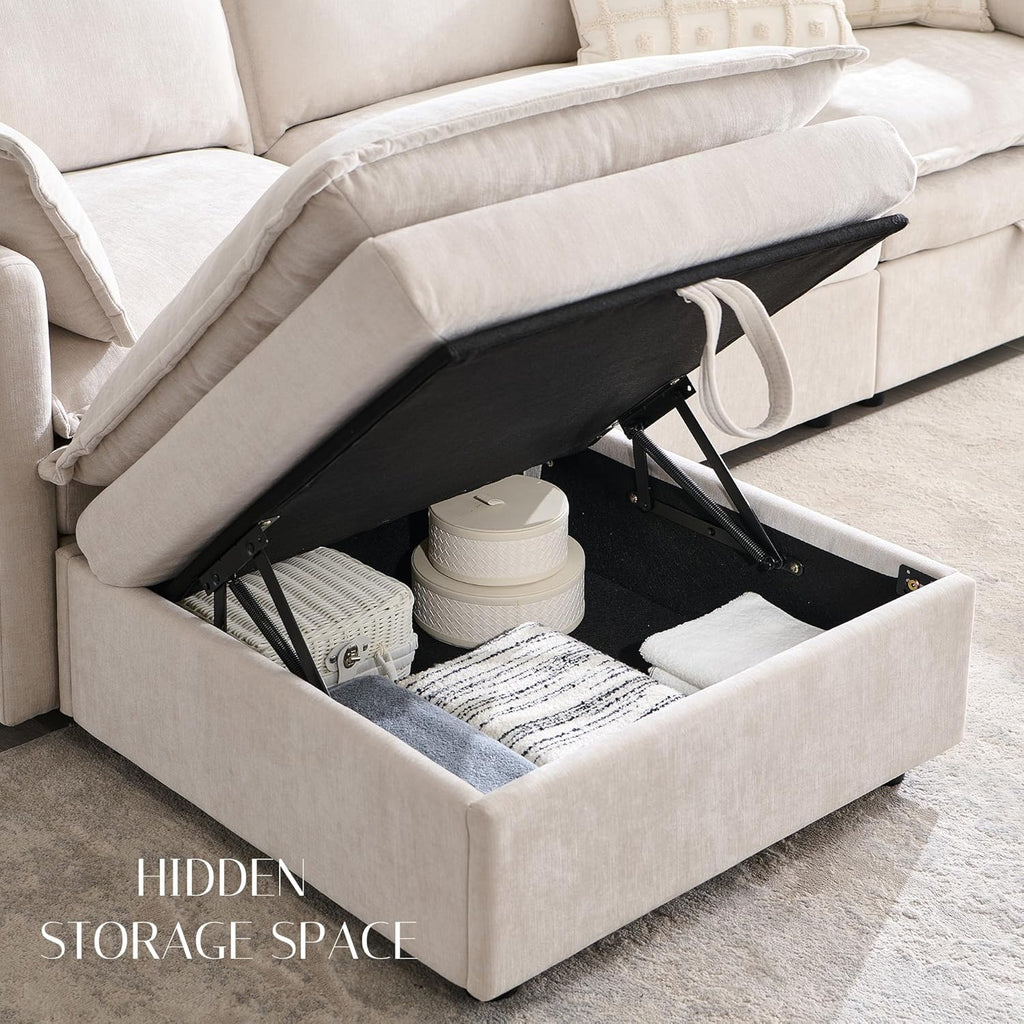 88.98" Sectional Couches for Living Room, Cloud Couch Sectional with Large Storage, L-Shape Modular Sectional Sofa with Ottoman, 4 Seater Chenille Sofa with Pillow for Apartment, Bedroom, Beige