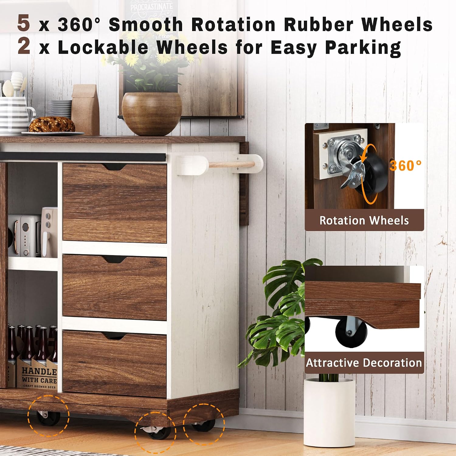 Ball & Cast Farmhouse Kitchen Island with Drop Leaf & Barn Door,Rolling Kitchen Cart on Wheels with Power Outlet,3 Large Drawers,Adjustable Shelf & Spice Rack,for Home,Kitchen,Dining Room,White,56"