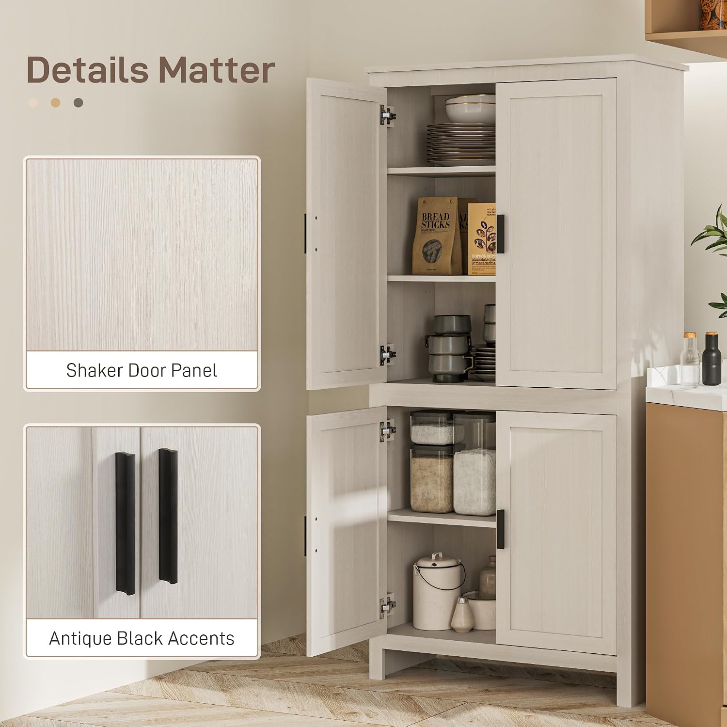 HOMCOM 64" Kitchen Pantry Cabinet Freestanding with 4 Doors Antique White | Storage Cabinet, 3 Adjustable Shelves, for Dining Room