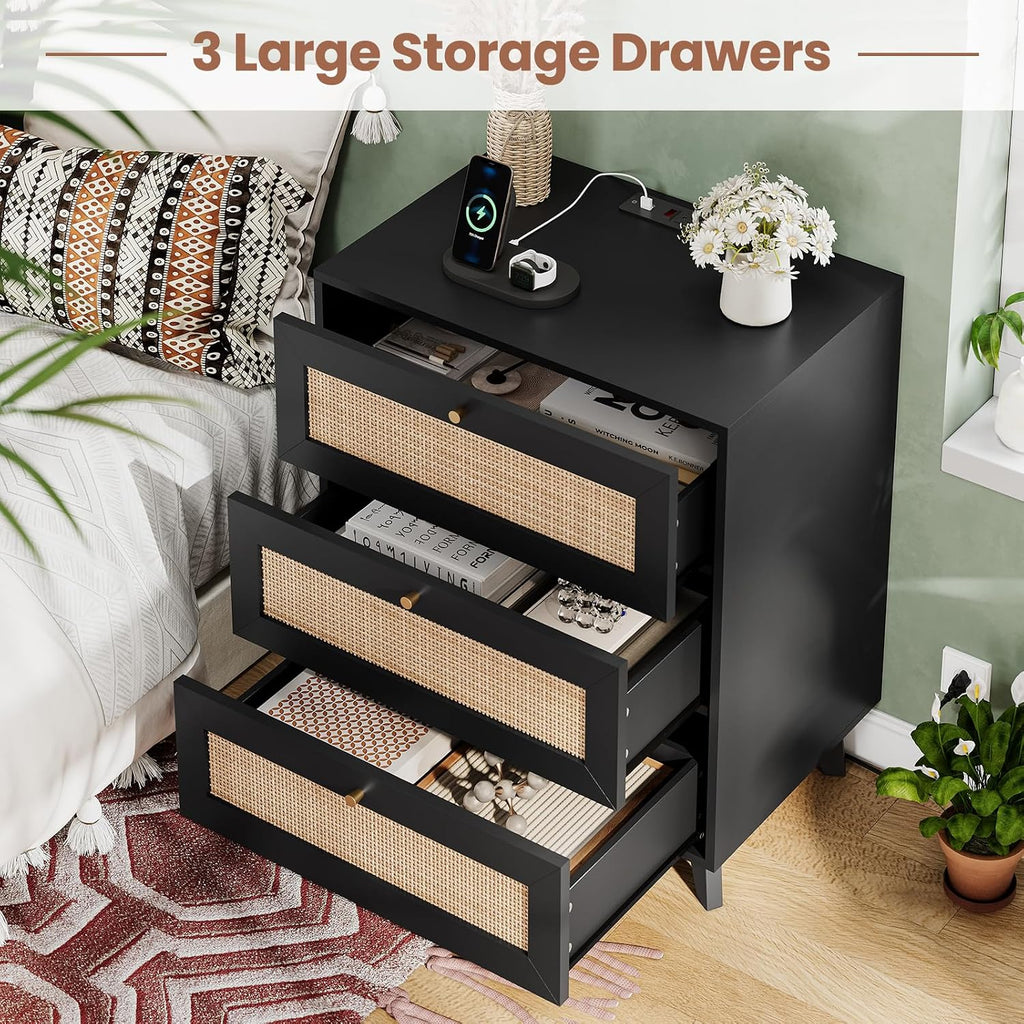 VIAGDO Rattan Nightstand with Charging Station, Black Rattan Night Stand with 3 Large Wicker Decorated Drawers, Boho Bedside Table, End Side Table, 3 Drawer Dresser for Bedroom