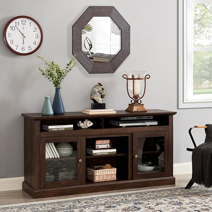 TV Stand for 65" TV: 60 Inch Entertainment Center Console with Glass Doors | Tall Rustic Wood TV Cabinet with Adjustable Shelves and Storage Cabinet for Living Room - Brown