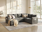 108 Inch Sectional Sleeper Sofa Bed with Pull Out Couch, U Shaped 7 Seat Cloud Modular Sectional Sofa with Storage, Corduroy Sectional Couches for Living Room, Removable Sofa Cover, Dark Grey