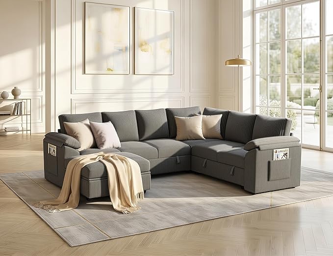 108 Inch Sectional Sleeper Sofa Bed with Pull Out Couch, U Shaped 7 Seat Cloud Modular Sectional Sofa with Storage, Corduroy Sectional Couches for Living Room, Removable Sofa Cover, Dark Grey